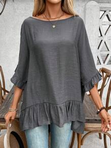 EMERY ROSE Blusa de mujer holgada con volante en el bajo y hombro descubierto