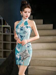 Fikoo 性感短款旗袍中式连衣裙，带挂脖露背 - 藍色 - 查看 7