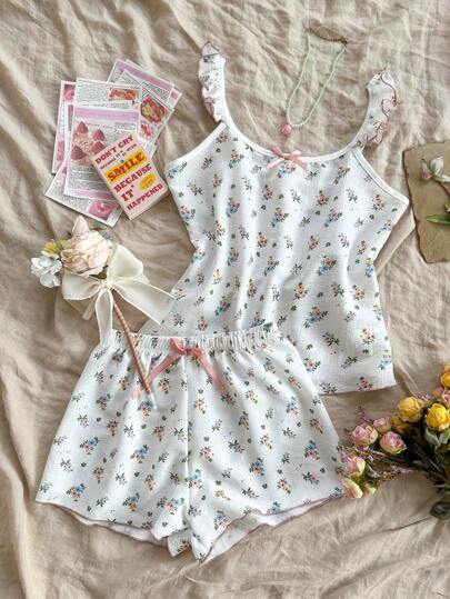 CottageSlumber Ditsy Floral Print Cami Top & Shorts Pajama Set With Frill Edge White Set