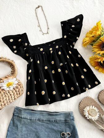 Soleia Women's Summer Vacation Black Base Yellow & White Daisy Print Loose Casual Butterfly Sleeve Square Neck Blouse, Afternoon Tea