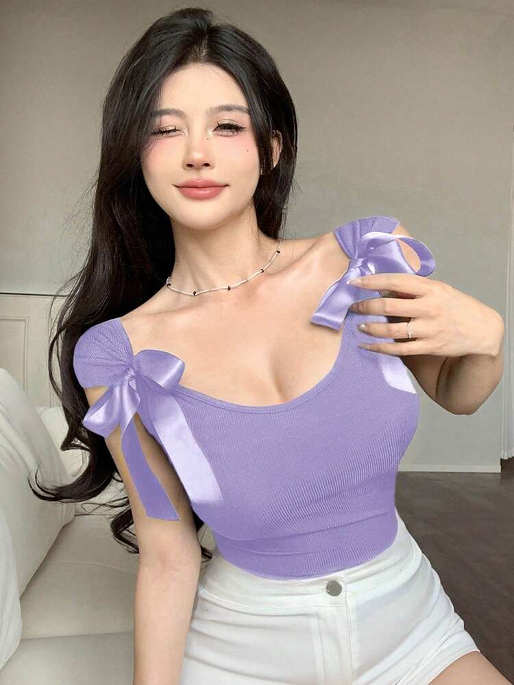 Backless Bow Tie Lace-Up Slim Short Sleeve Women's T-Shirt Summer