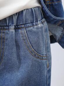 SHEIN Bộ 2 Cái/bộ Áo khoác denim không tay màu gradient giản dị dễ thương được giặt sạch và áo vest ống rộng và quần đùi denim ống rộng, dành cho mùa hè Bộ hai món - Rửa trung bình - Xem 5
