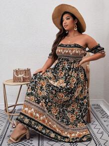 SHEIN Clasi Plus Floral Print Off Shoulder Shirred Split Thigh Dress - Multicolor - View 5