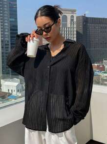 DAZY Áo Sơ Mi Sheer Nút Phía Trước - màu đen - Xem 4