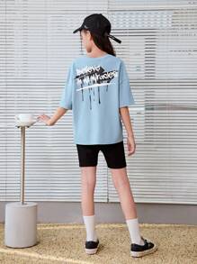 SHEIN Camiseta Casual de Manga Curta e Gola Redonda com Estilo Japonês e Estampa de Letras para Meninas Adolescentes