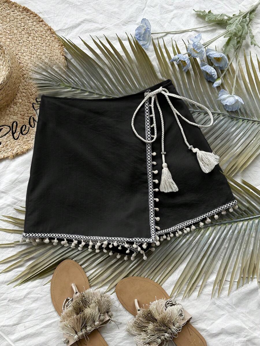Soleia 假期女士音樂節流蘇拼縫裙短褲，使用絲帶拼接流蘇裝飾紋理面料 - 黑色 - 查看 1