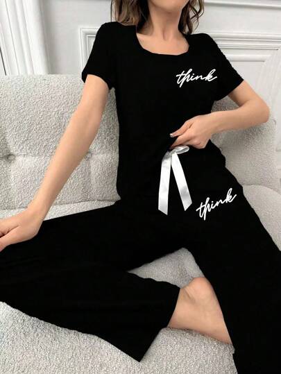 Letter Printed Bowknot Short Sleeve Top And Long Pants Pajama Set Bow Tie