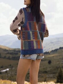 復古格紋設計圓領套頭背心 - 彩色 - 查看 2