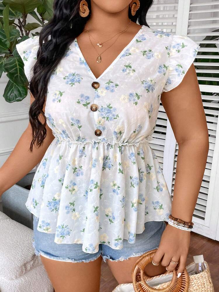 Plus Size Women's Random Printed V-Neck Shirt