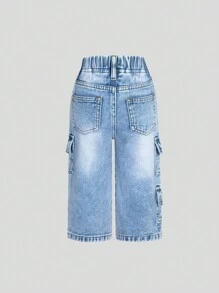 SHEIN Celana Pendek Denim Gaya Pakaian Kerja Kasual Terbaru untuk Bayi Perempuan, Jeans Lurus dengan Warna Pudar - Light Wash - View 2