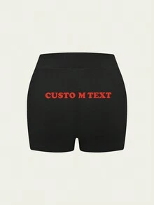 INAWLY 女性高腰Y2K短褲，訂製字樣印花性感短褲 - 黑色 - 查看 2