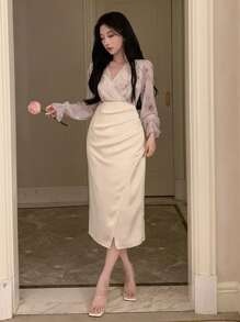 DAZY Đầm cổ chữ V phối nhiều màu sắc dành cho nữ, đầm dự tiệc Homecoming, đầm sinh nhật, đầm dạ hội đêm giao thừa, đầm thu, đầm dài tay, đầm thanh lịch cho nữ, đầm lễ Phục sinh. - Màu be - Xem 6