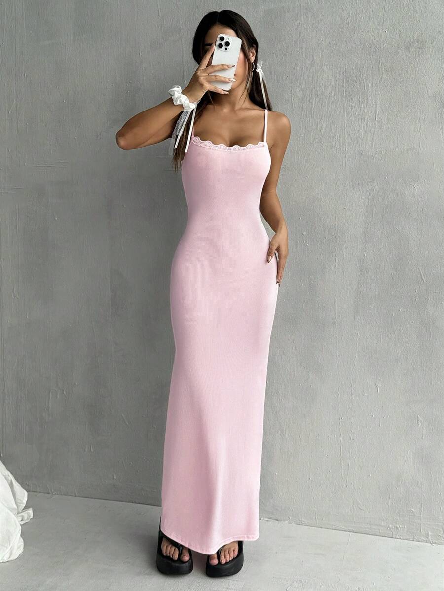 SHEIN EZwear Vestido Ajustado com Alças Cor-de-Rosa - Rosa chiclete - Visão 1