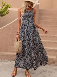 SHEIN LUNE Đầm Maxi In Hoa Ditsy Trang Phục Nữ - Màu xanh hải quân - Xem 4