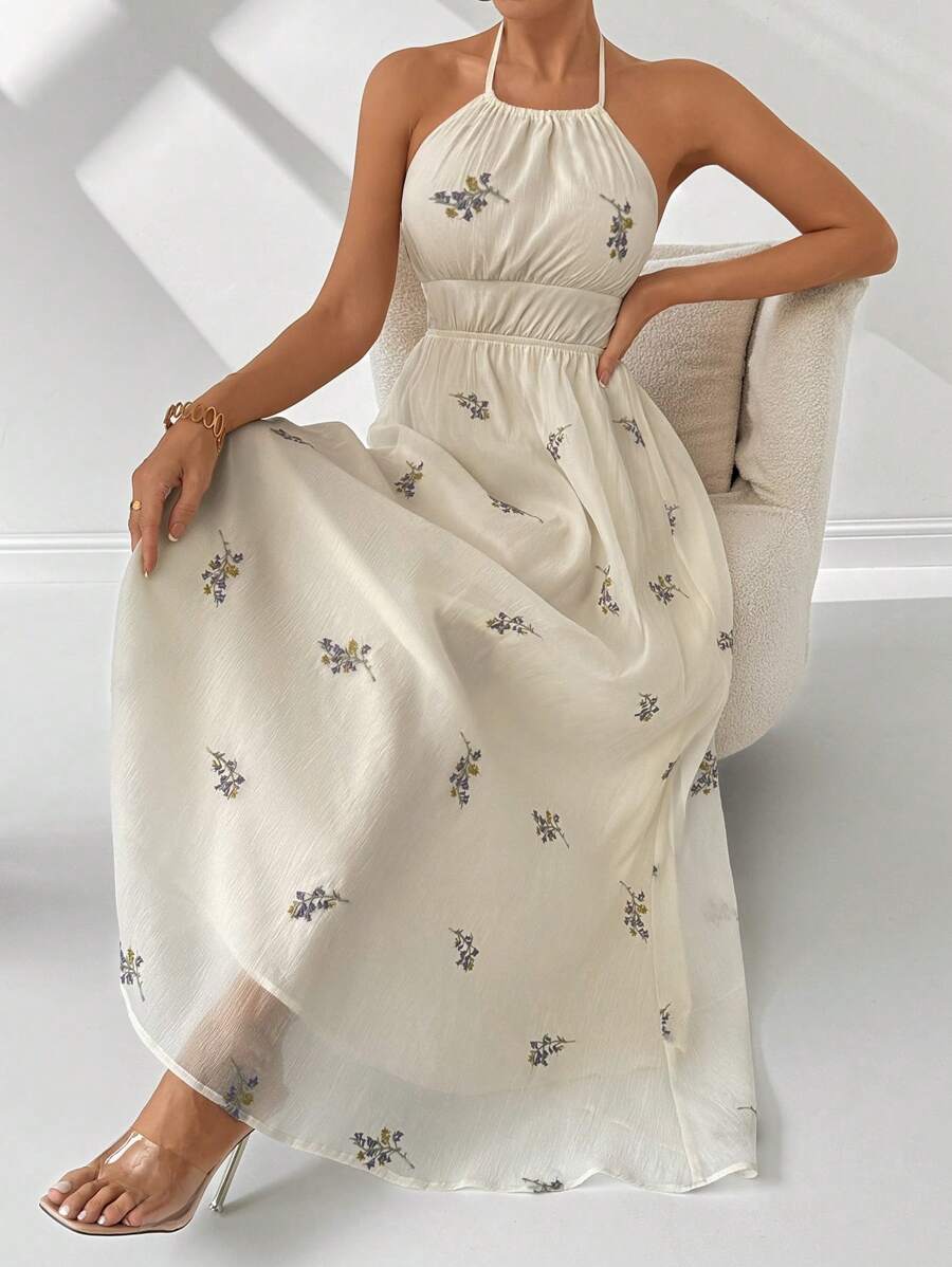 SHEIN Privé Vestido Elegante Havaiano com Pescoço Halter e Amarração Bordado para Mulheres, Ideal para Férias ou Chá da Tarde - Damasco - Visão 1