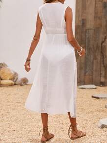 SHEIN LUNE 女性夏季純色V領無袖度假連衣裙