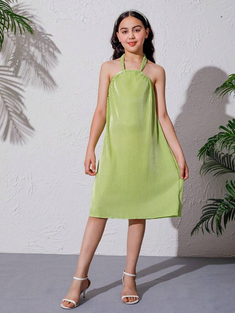 Tween Girl Summer Solid Color Backless Halter Neck Dress