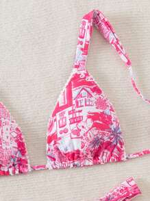 SHEIN Swim 女士夏季沙灘幾何圖案印花性感比基尼套裝，雙件套 - 玫紅色 - 查看 4