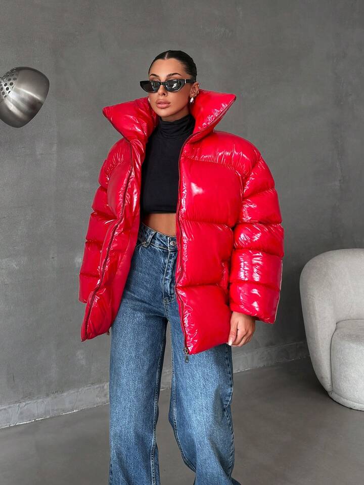RueChic Oversize Zip Up Puffer Jacket With Slant Pockets