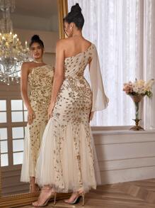 One-Shoulder Sequined Fish-Tail Long Party Evening Dress - Gold - View 6