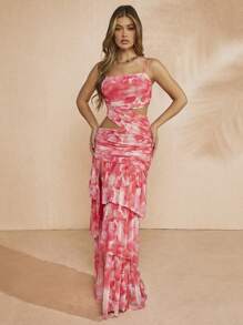 L'Amorae Women's Pink Printed Hollow Out Pleated Cami Dress, Summer