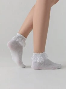 ROMWE Fairycore Women's Solid Color Simple Lace Decor Mid-Calf Socks - White - View 2
