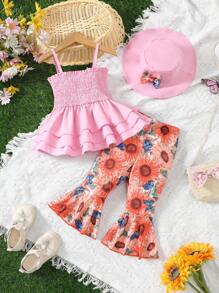 SHEIN 時尚嬰兒女夏季套裝：背心上衣+印花褲子+帽子，3件套組 - 粉色 - 查看 1