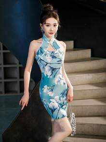 Fikoo 性感短款旗袍中式连衣裙，带挂脖露背 - 藍色 - 查看 6