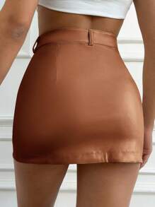 EURMUSE Women's Slim Fit Pu Leather Skirt - Brown - View 2