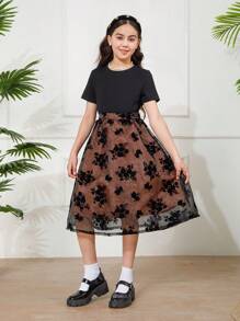 Robe d'été élégante en maille floquée avec contraste bouffant pour jeune fille - Noir - Voir 7