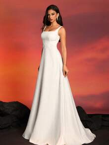 极简主义细肩带方领收腰提花压花细节法式轻婚纱 - 白色 - 查看 7