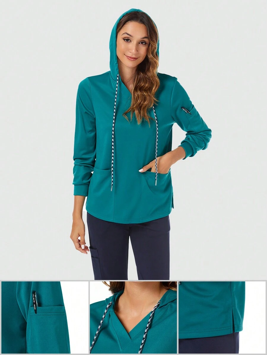 TaskEZ Shein Essnce Women Nurse Uniform Scrubs Summer Hooded Solid Color Long Sleeve  Uniform Top With Pocket - Green - View 1