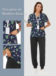TaskEZ SHEIN Essnce Scrub V-Neck Short Sleeve Plant Print Pocket Nurse Uniform 2 Pieces/Set - Multicolor - View 1
