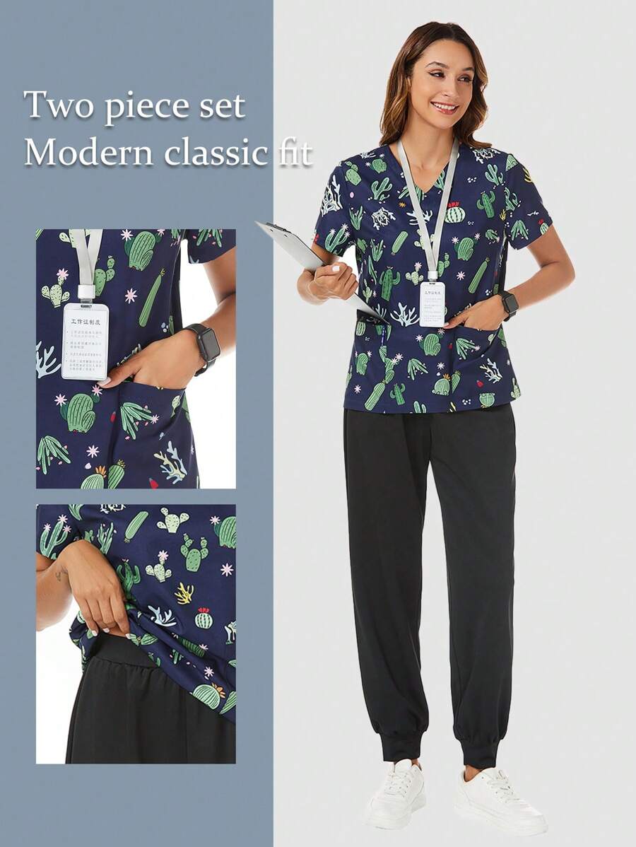 TaskEZ SHEIN Essnce Scrub V-Neck Short Sleeve Plant Print Pocket Nurse Uniform 2 Pieces/Set - Multicolor - View 1