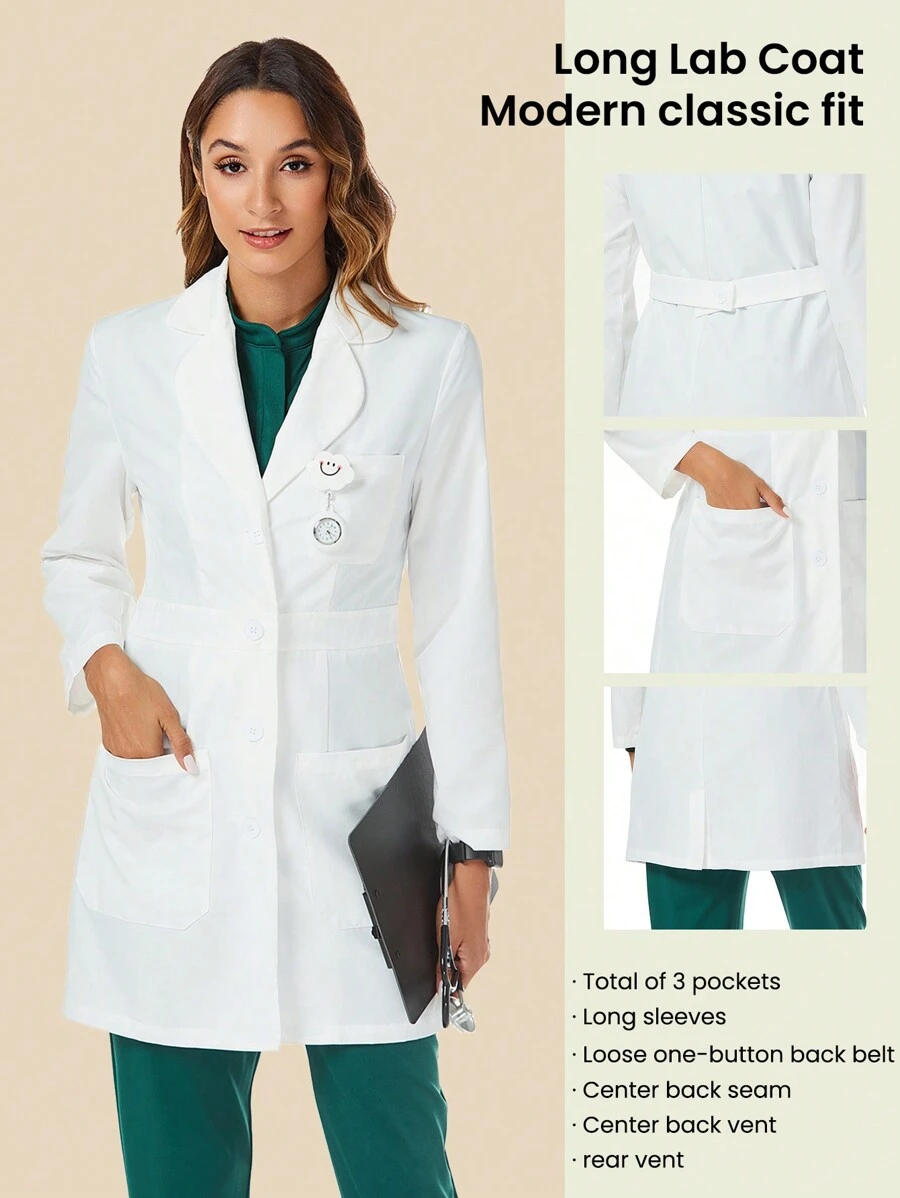 TaskEZ Women's White Scrub 3 Pockets Back Adjustable Waist Slimming Lab Coat/Modern Classic Fit