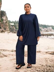 Swim Mulvari Plus Size Nữ Ngày Lễ Đồng Bằng Cổ Đứng Đèn Lồng Tay Áo Và Quần Thường Ngày, Đồ Bơi Tankini Giải Trí - Màu xanh hải quân - Xem 6