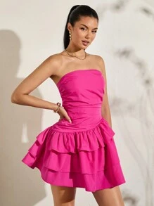 SHEIN BAE Váy màu hồng xếp tầng có đường viền cổ áo dành cho người yêu mùa hè bất đối xứng dành cho nữ - Hồng - Xem 5