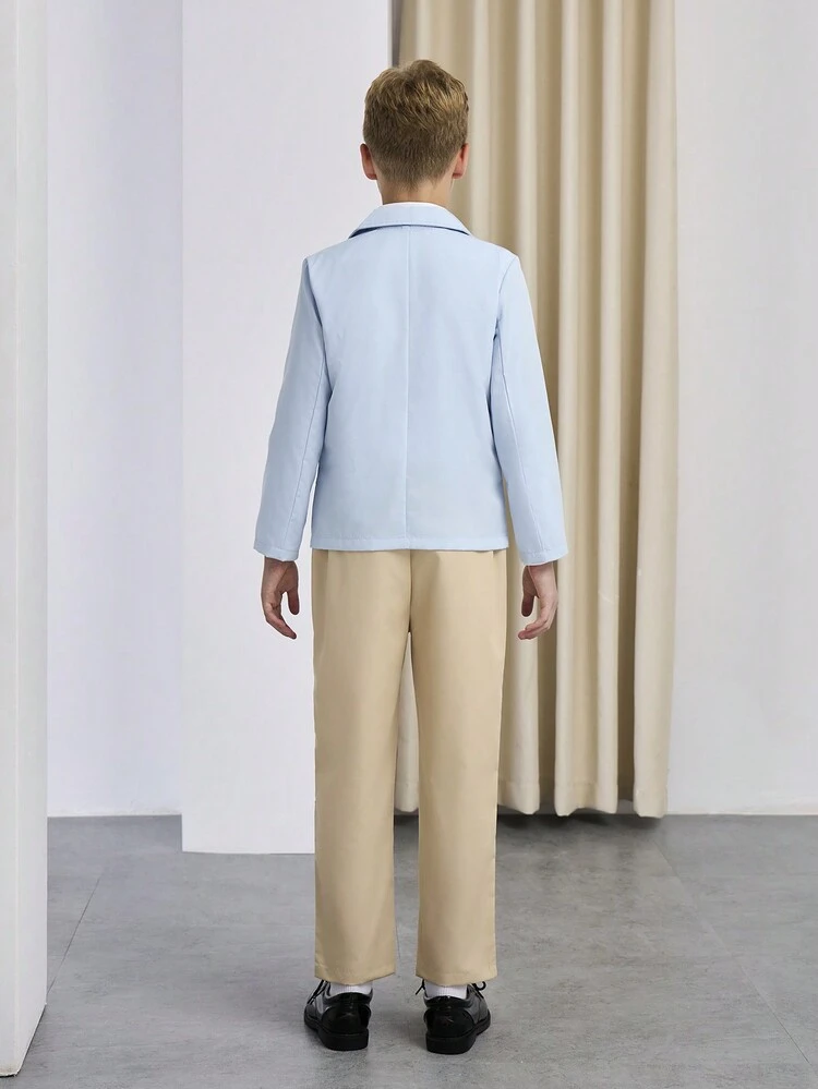 2pcs Tween Boys' Casual Fashionable  Blazer Jacket And Solid Color Pants With Bow Tie, Suitable For Birthday Parties, Performances, Weddings, And Gentlemen's Attire, Spring And Autumn