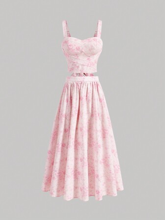 SHEIN MOD Sommerliches Vintage Shapewear-Set für Damen mit rosafarbenem Blumenmuster, Palast-Stil-Top mit Schleifenriemen und gerafftem Hochbundrock, Sommer-Outfit für Frauen im Milchmädchen-Stil
