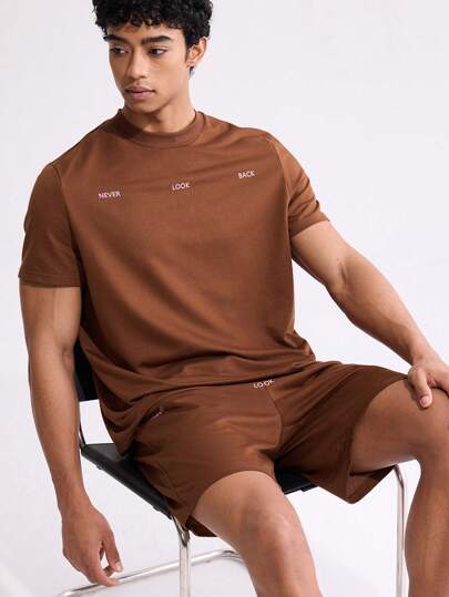 Forever 21 Men's Summer Letter Printed Round Neck Short Sleeve Casual T-Shirt And Drawstring Waist Shorts Set