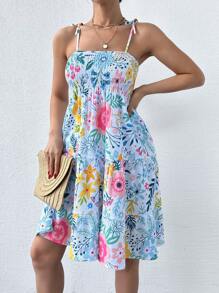 RueChic Woman Strap Sleeve Flower Everywhere Print Mini Length Dress - White - View 3