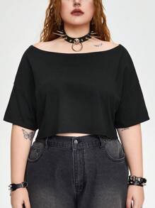 ROMWE Grunge Punk Plus Size Loose Off-Shoulder Crop Top - Black - View 1