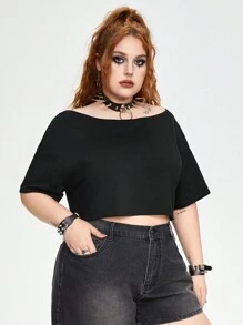 ROMWE Grunge Punk Plus Size Loose Off-Shoulder Crop Top - Black - View 5