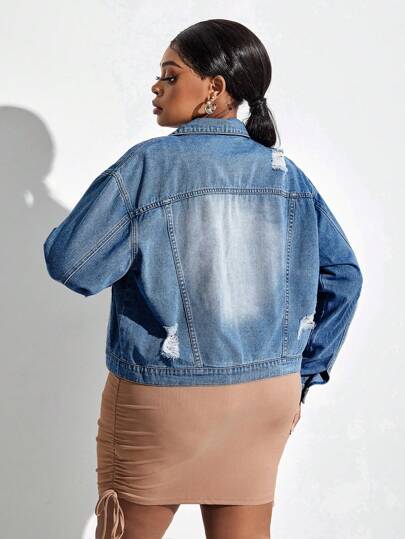 SHEIN SXY Plus Bleach Wash Drop Shoulder Ripped Denim Jacket