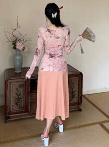 DAZY Conjunto de dos piezas con mangas largas y transparente para mujer - Naranja Coral - Ver 5