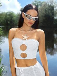 SHEIN ICON Fitted Style Sleeveless Top With Cut-Out Texture And Lace Embellishment For Women - White - View 4