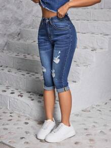 SHEIN PETITE Women's Fashionable Slim Fit Mid-Length Jeans With Distressed Design ,Petite Women - Blue - View 6
