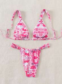 SHEIN Swim 女士夏季沙灘幾何圖案印花性感比基尼套裝，雙件套 - 玫紅色 - 查看 2