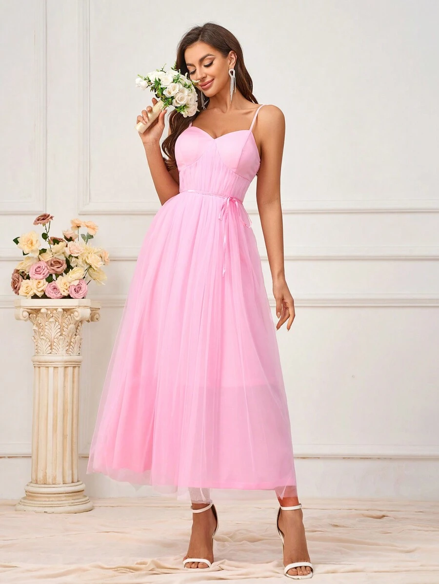 SHEIN Belle 淺粉色網紗浪漫度假連身裙 - 粉色 - 查看 1