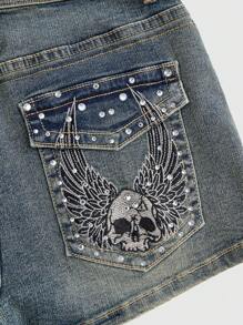 Grunge Punk Pantalones cortos mini ajustados de estilo punk con bordado de calavera de strass para mujeres, escuela - Neblina azul - Ver 2
